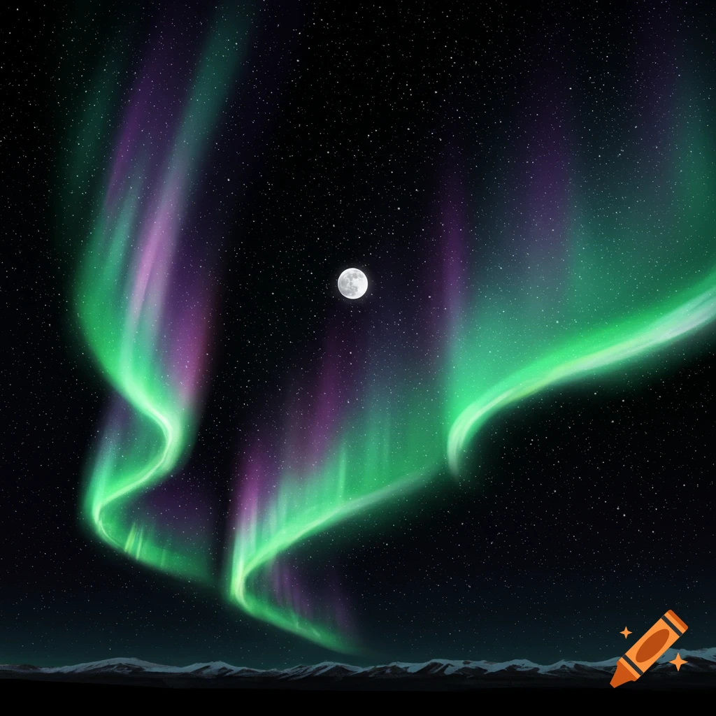 The Aurora Borealis, stars, and moon illuminate the sky above snow-capped mountains.