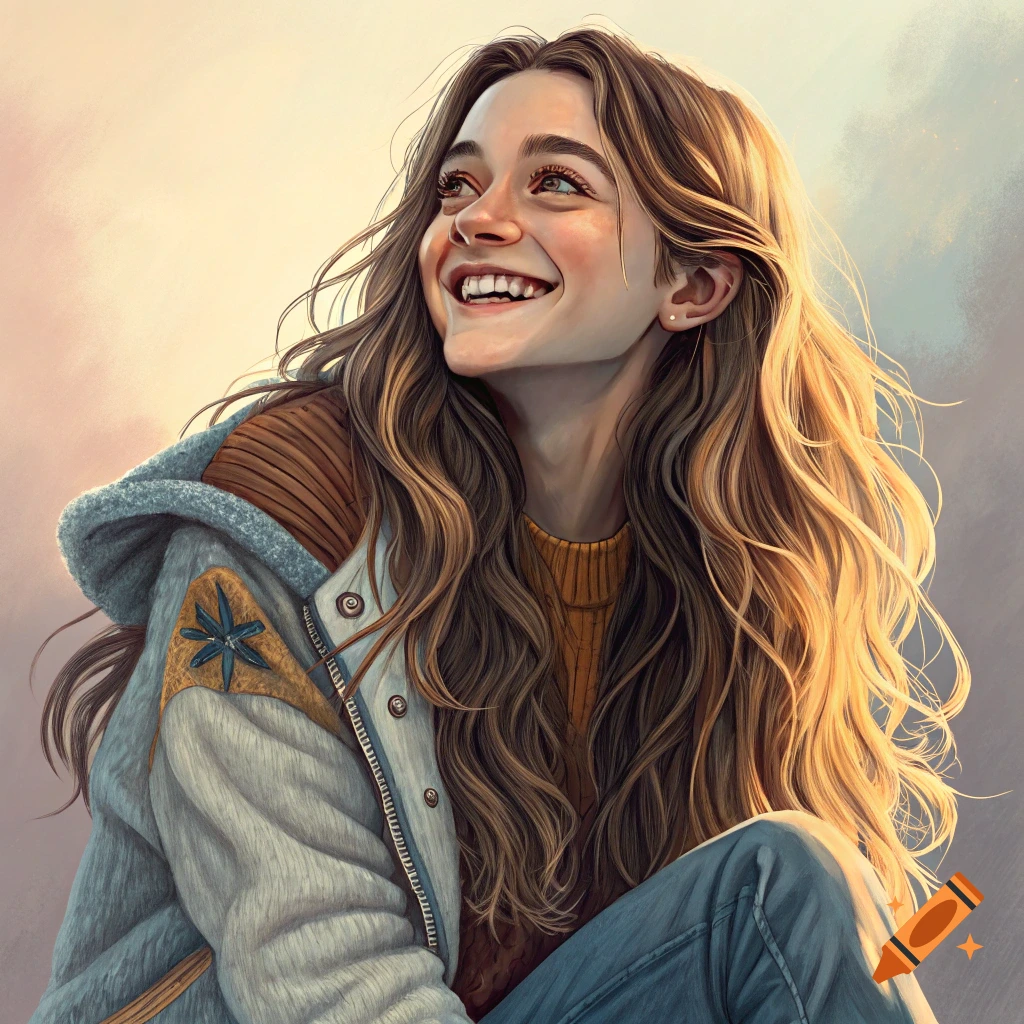 Portrait of a young woman smiling, wearing a jacket, with long brown hair.