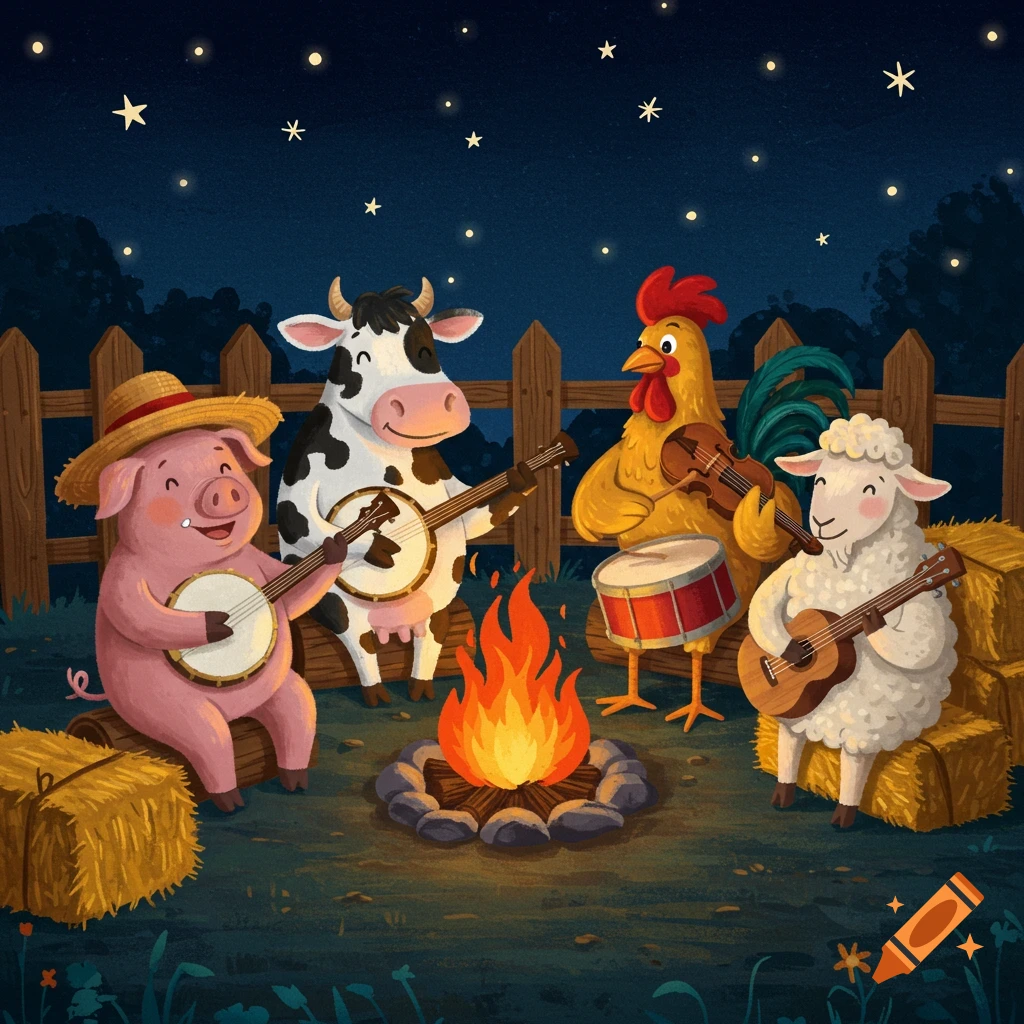 Cartoon barnyard animals playing music around a campfire at night.
