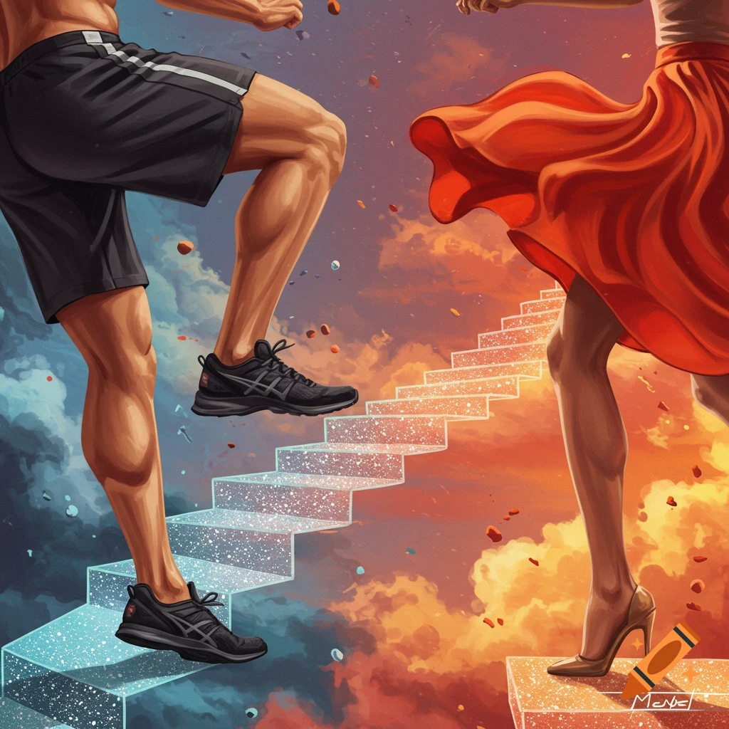Two people climbing a staircase in a split sky of blue and orange clouds.