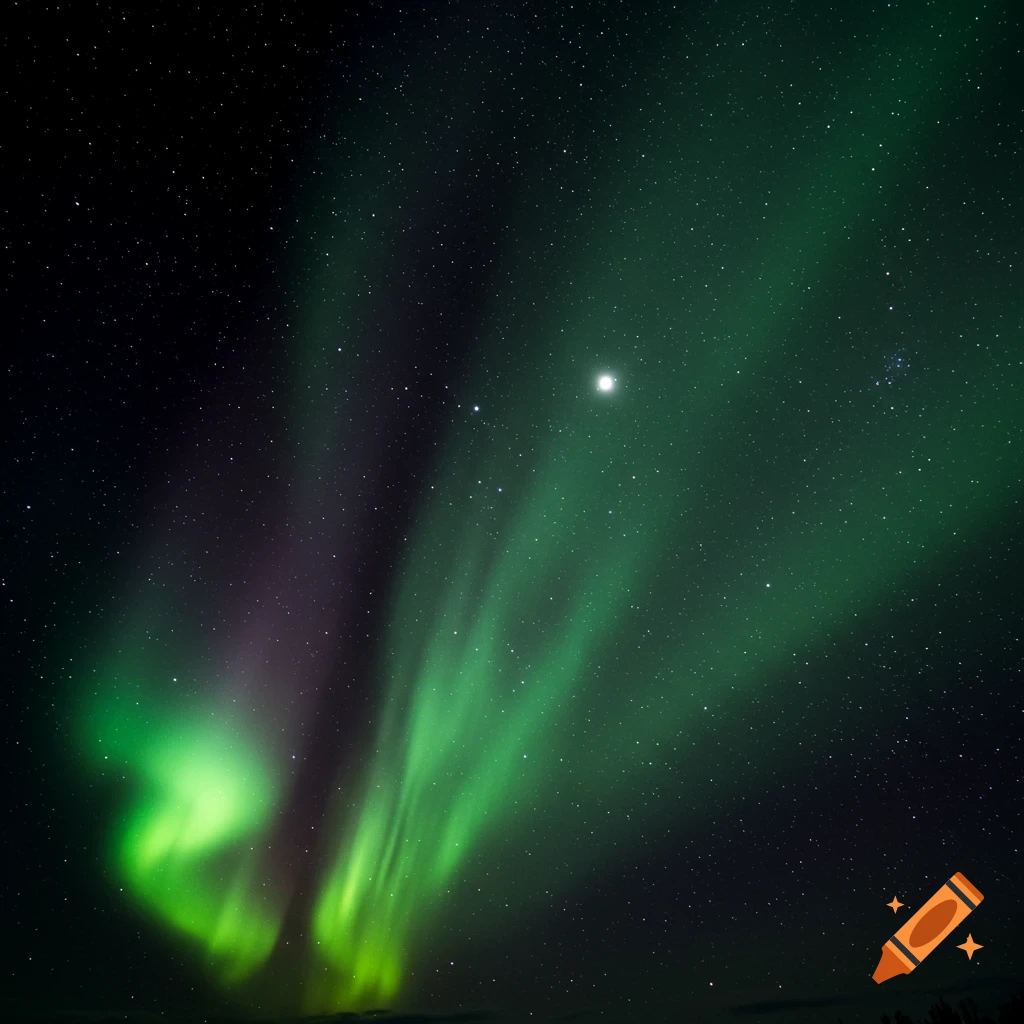 Green and purple aurora borealis lights up a starry black night sky