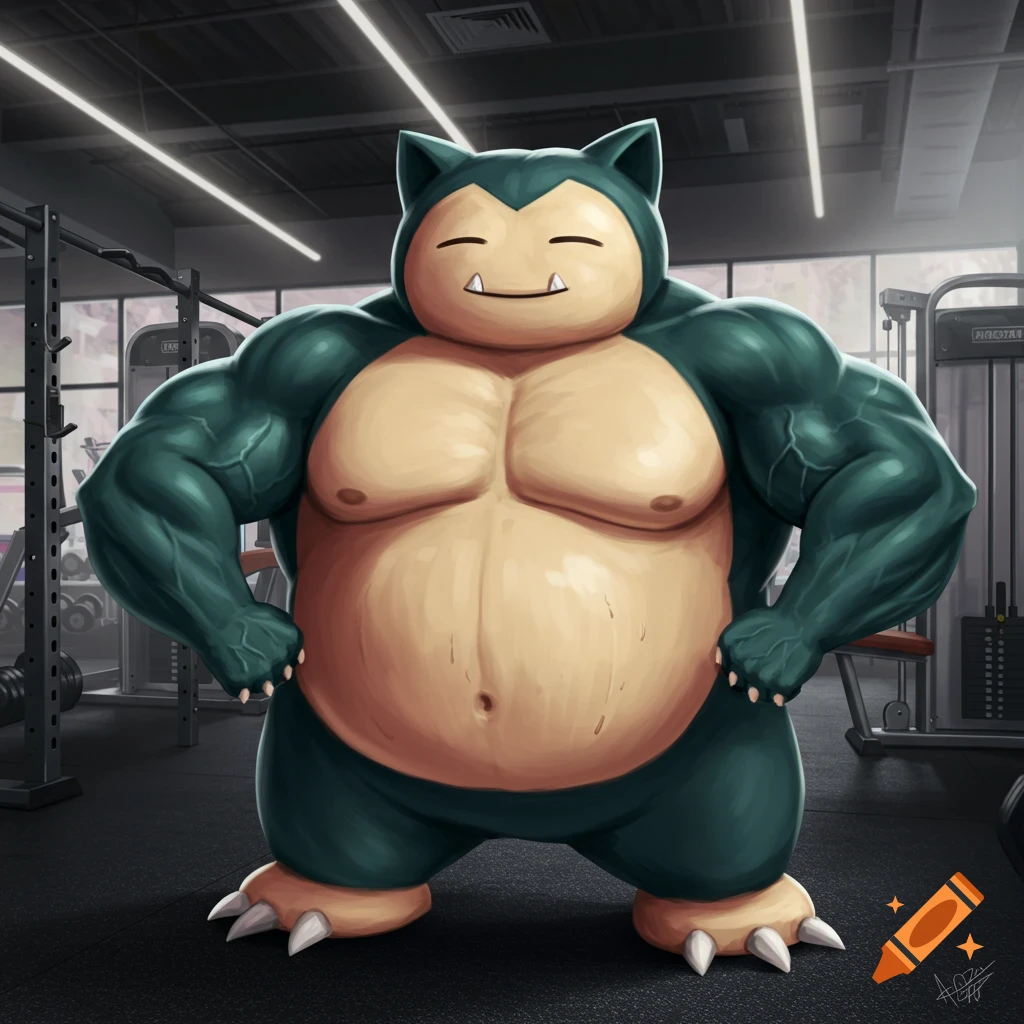 Muscular Snorlax poses in a gym.