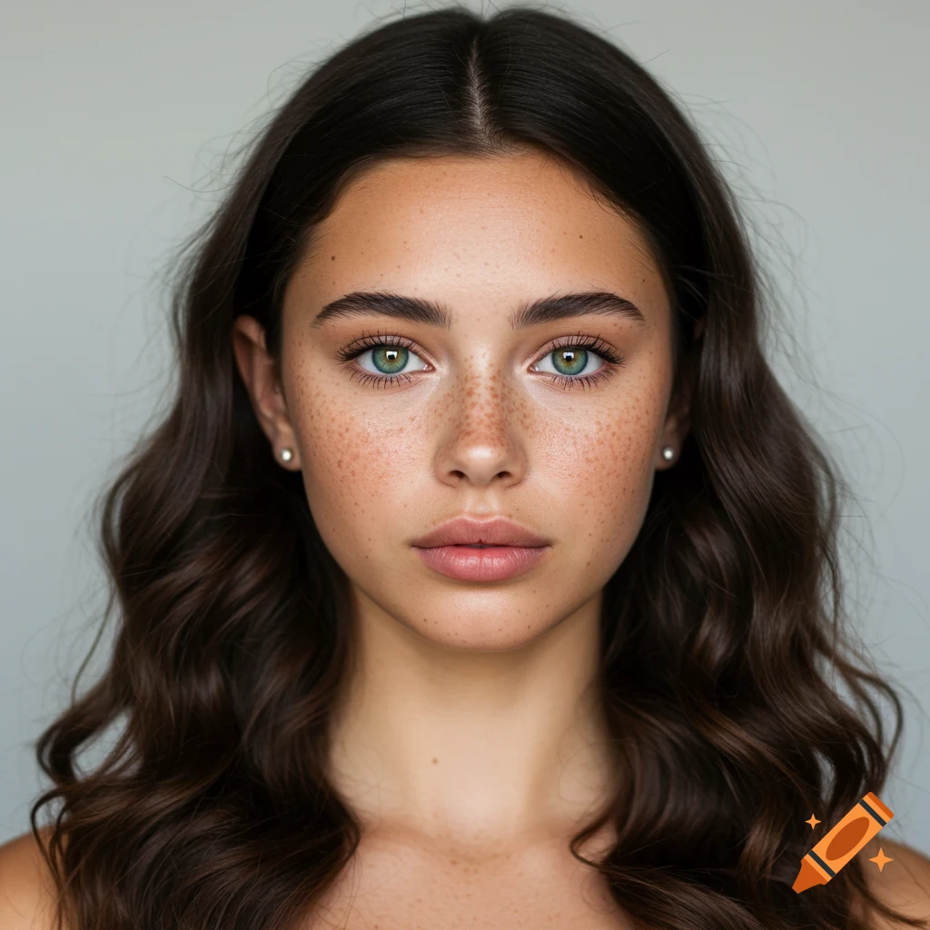Close-up portrait of a young woman with freckles, green eyes, and dark wavy hair.