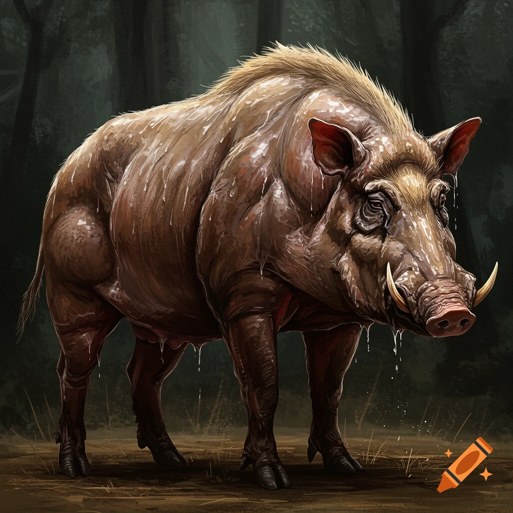 A large, muscular, dripping wild boar stands in a dark forest.
