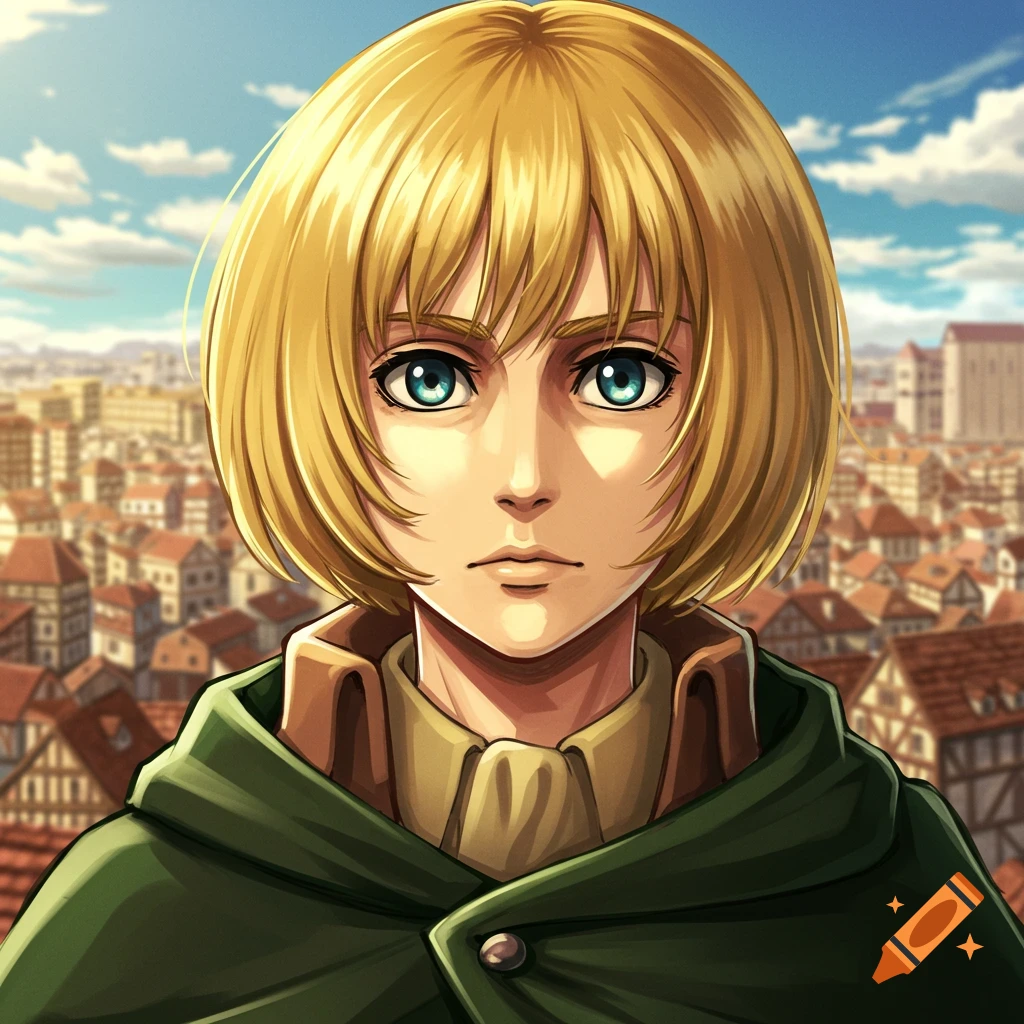 The anime character Armin Arlert, with short blonde hair and blue eyes, wears a green cloak against a city backdrop.