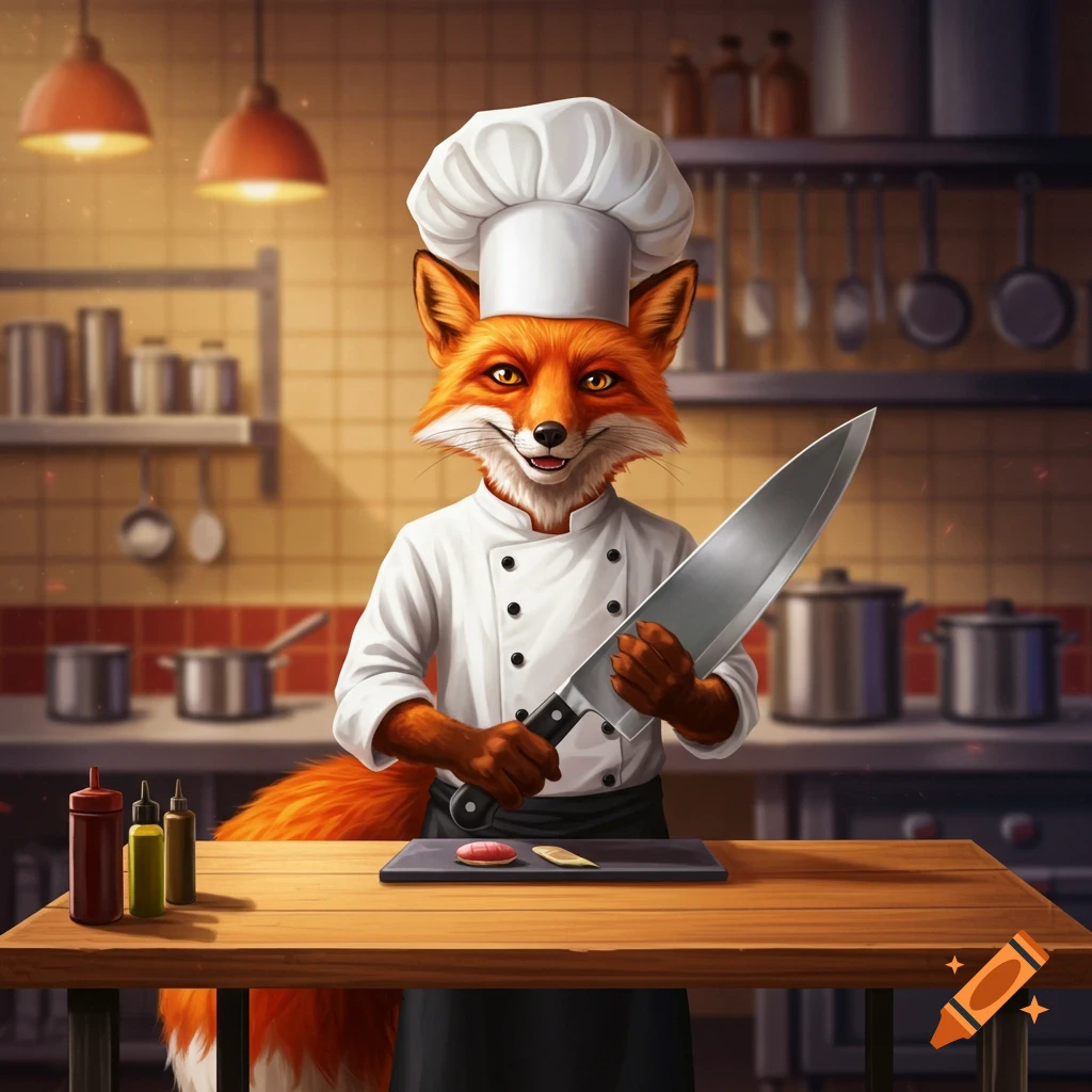 Anthropomorphic fox wearing a chef hat and uniform, holding a large knife in a kitchen.