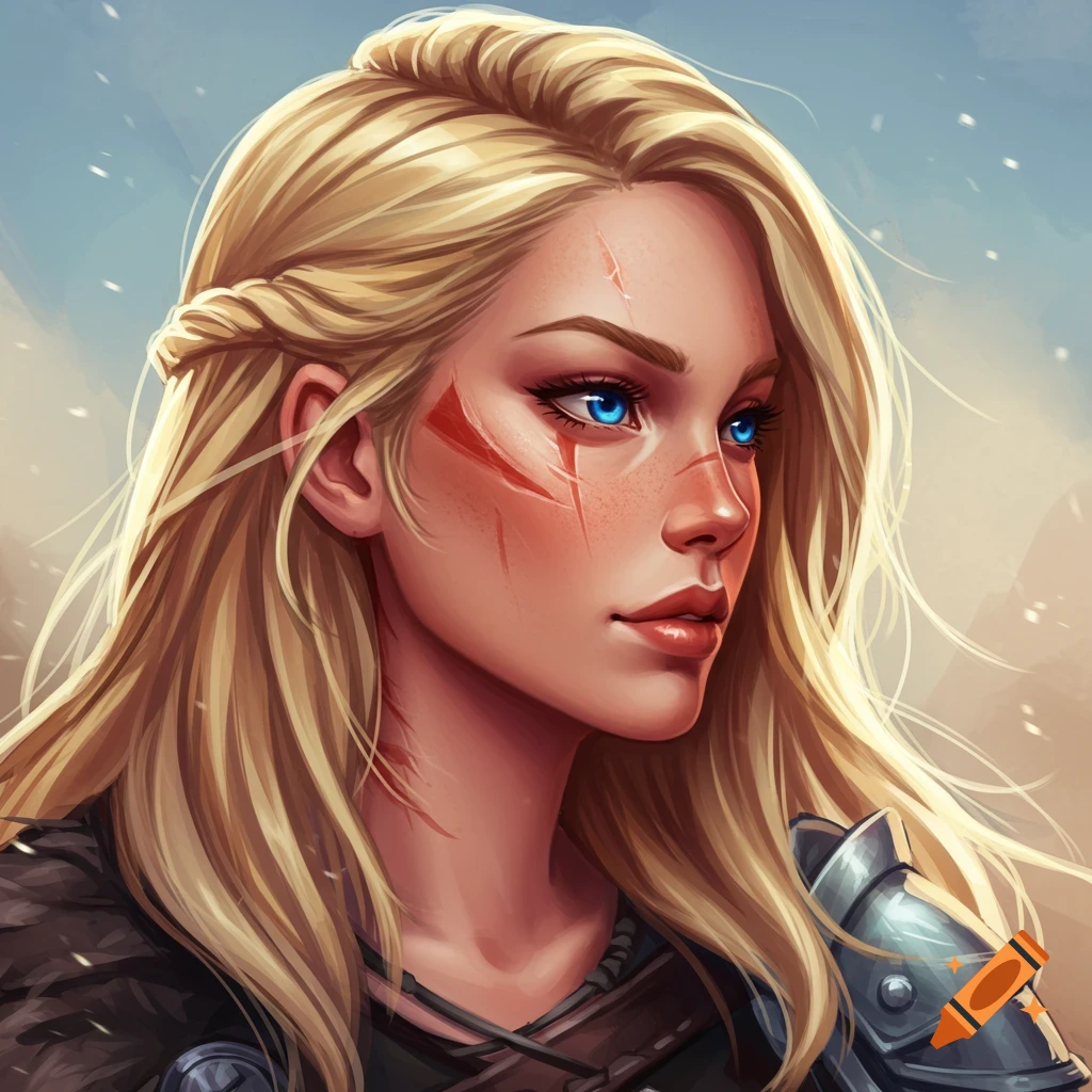 Portrait of a blonde female warrior with scars and blue eyes.