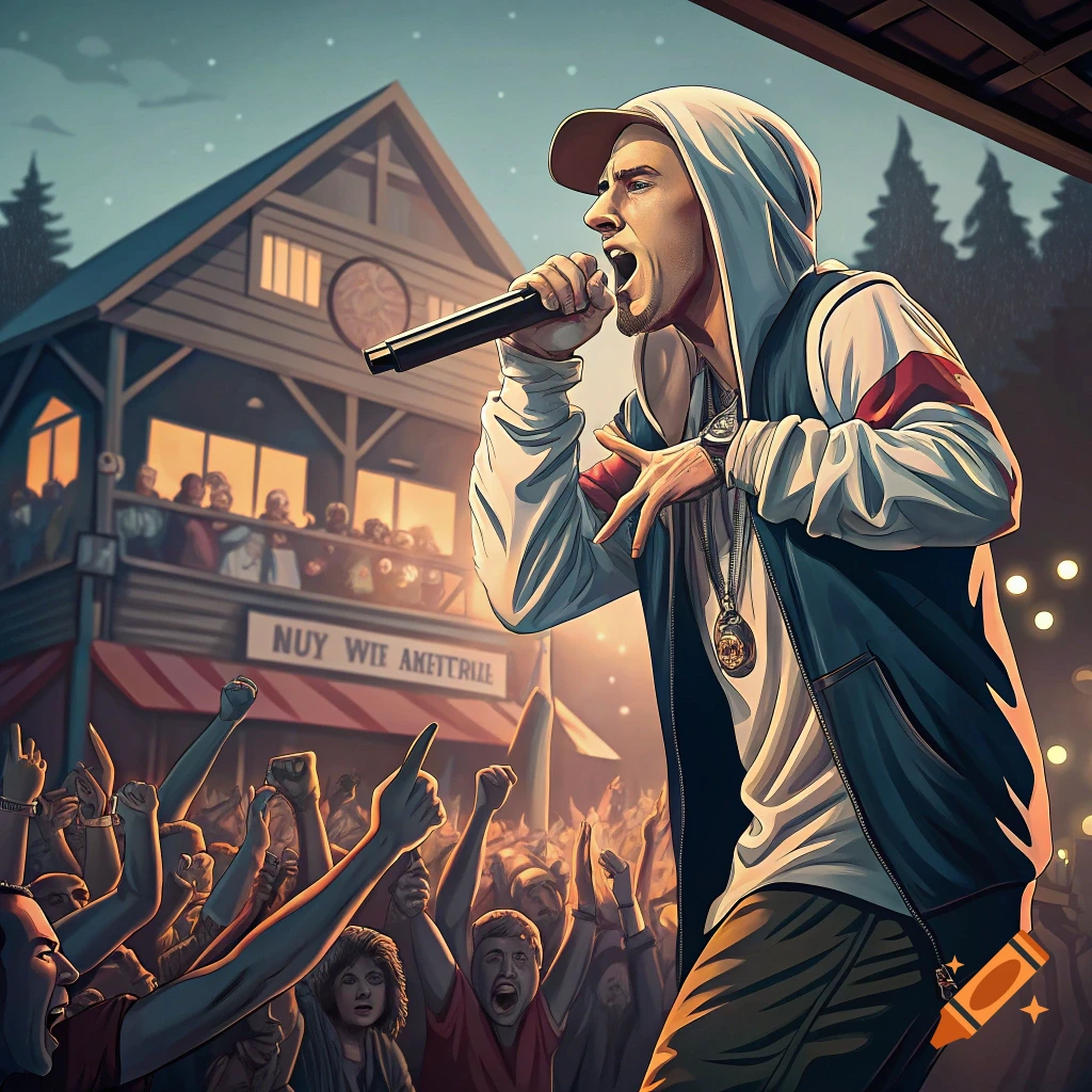Illustrative depiction of a rapper on stage performing for a crowd at night.