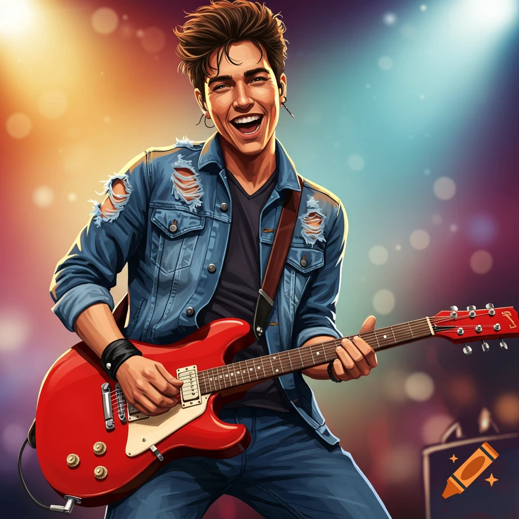 A man playing a red electric guitar on a stage.