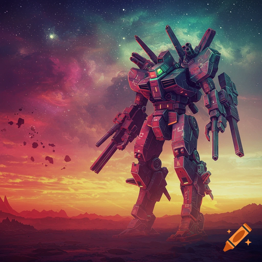 A mecha robot stands in a desolate landscape under a starry sky.