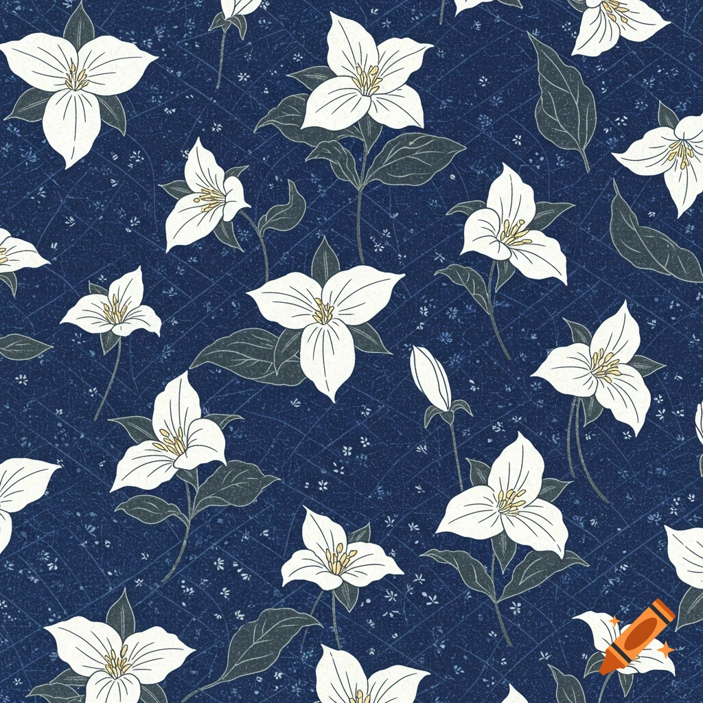 A seamless floral pattern of white trillium flowers and dark leaves on a blue background with fine line details.