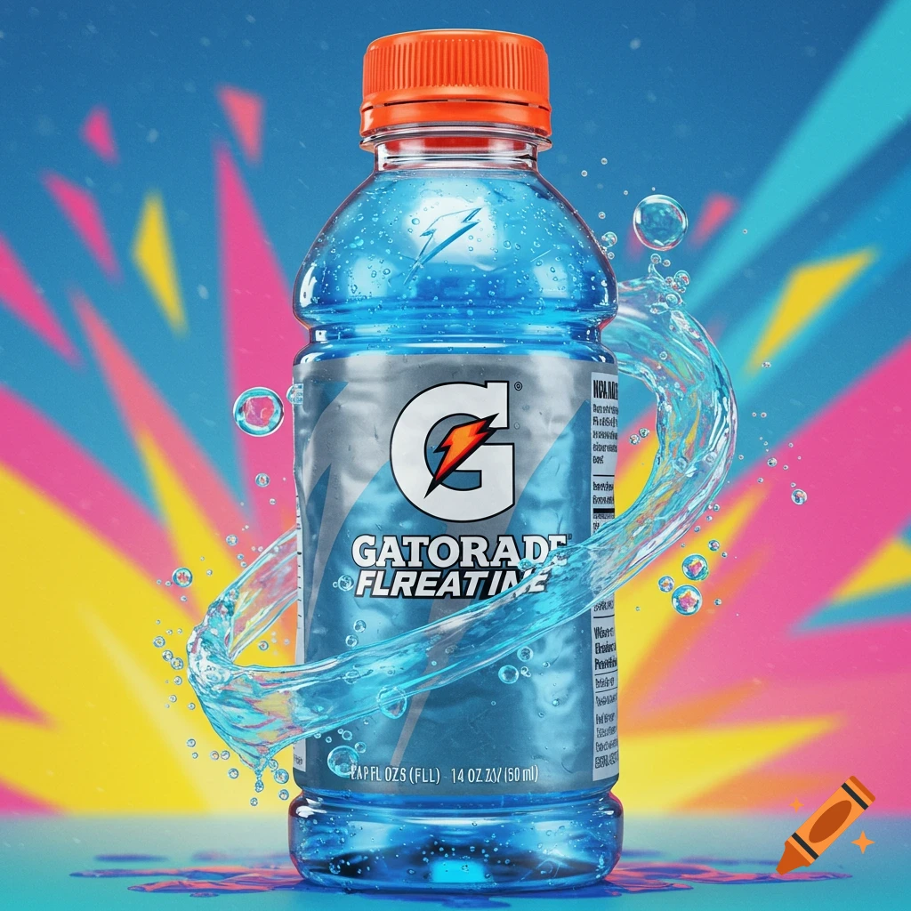 A Gatorade bottle is surrounded by splashing water against a vibrant, colorful background.