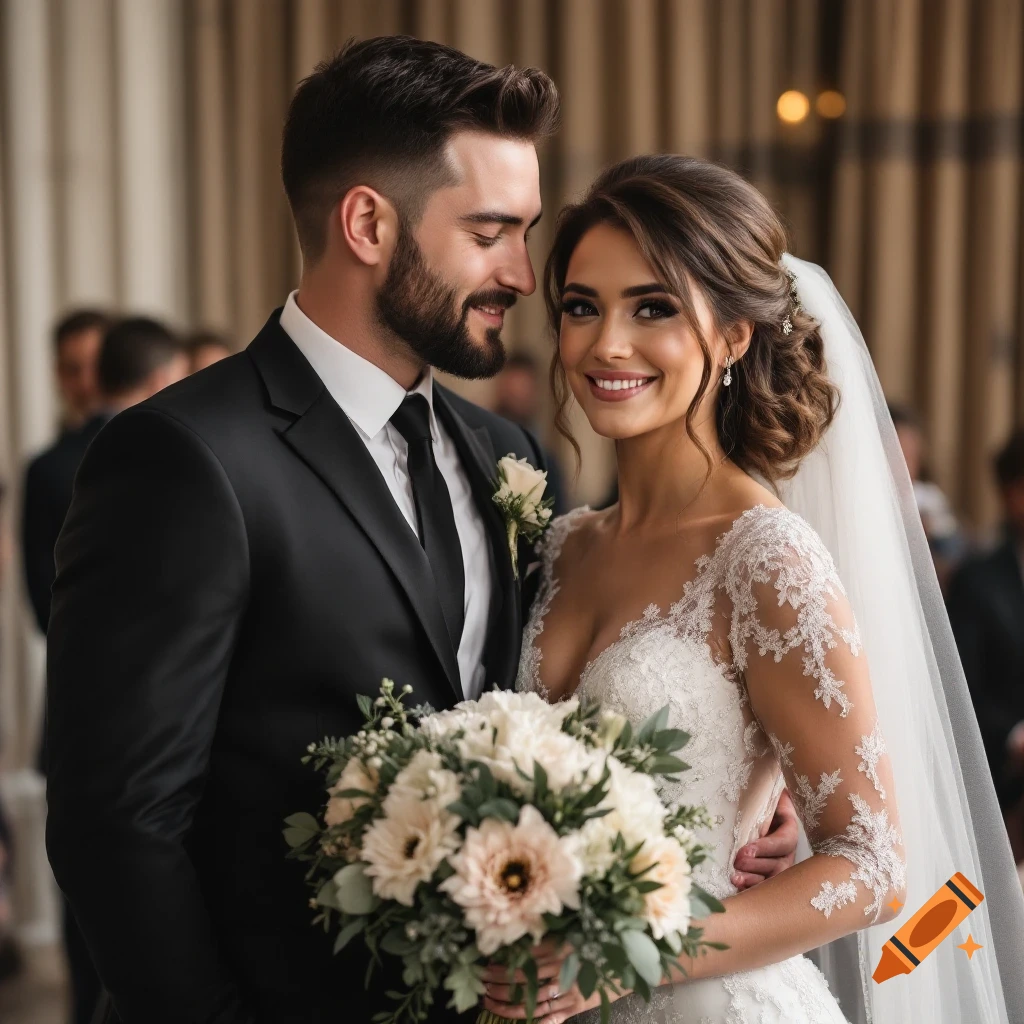 Close-up portrait of a bride and groom smiling during their wedding ceremony.