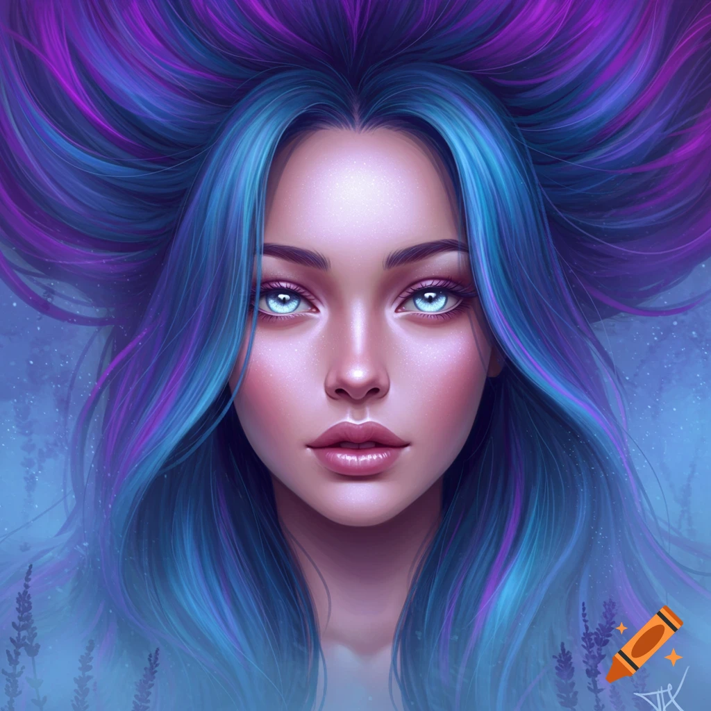 A woman with long blue and purple hair and bright eyes.