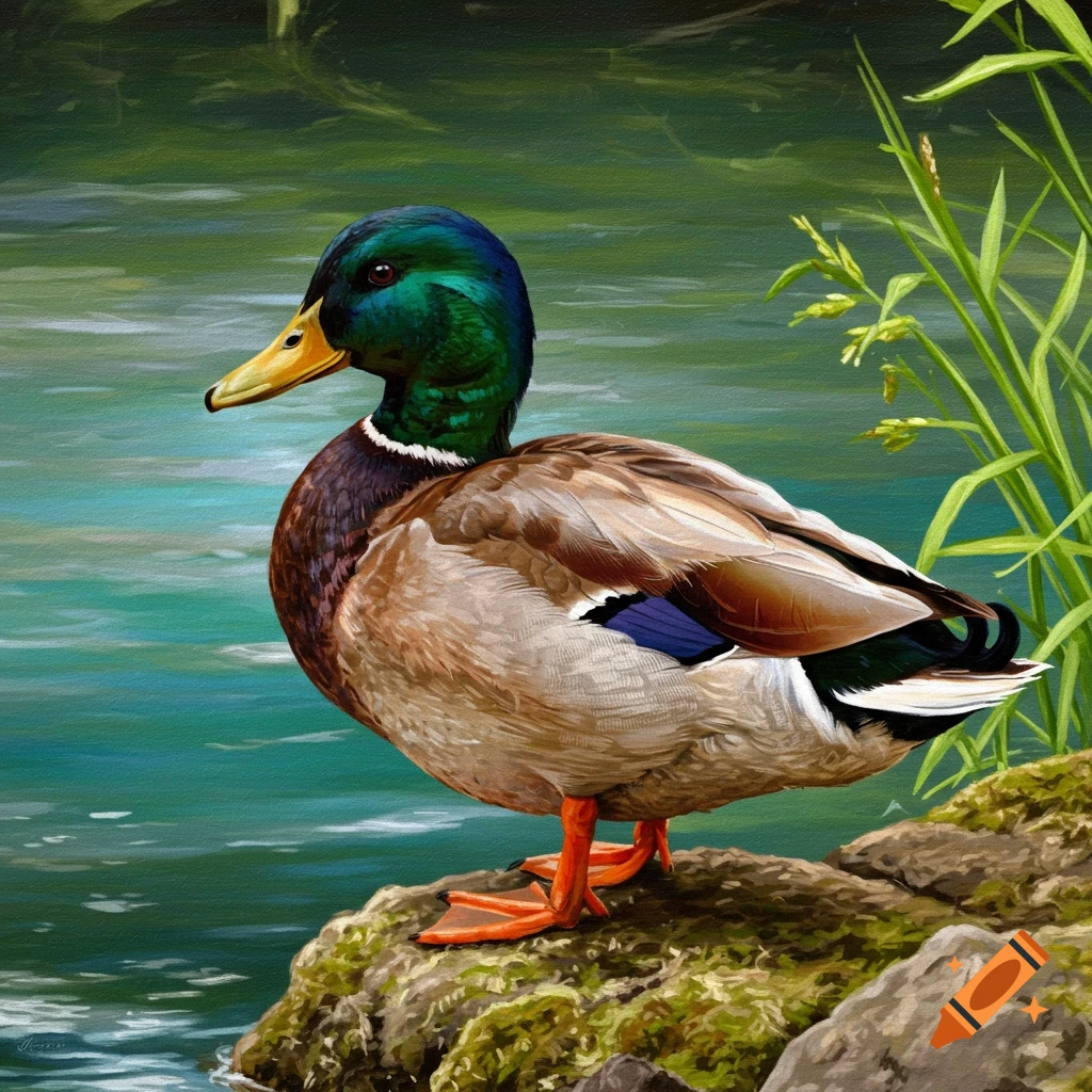 A mallard duck stands on a mossy rock by the water.