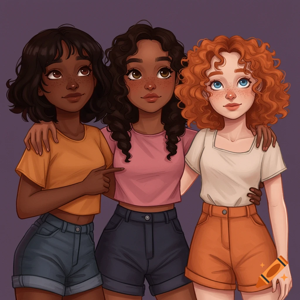Three young women are standing together; two have dark skin and black hair, and one has light skin and red curly hair.