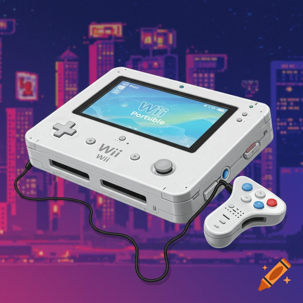 A white portable game console resembling a Wii.
