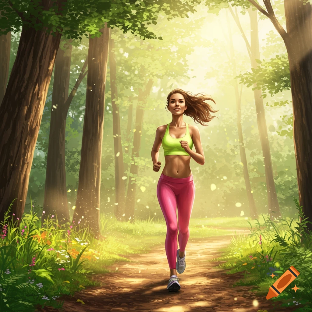 A woman jogging on a forest path with sunlight filtering through trees.