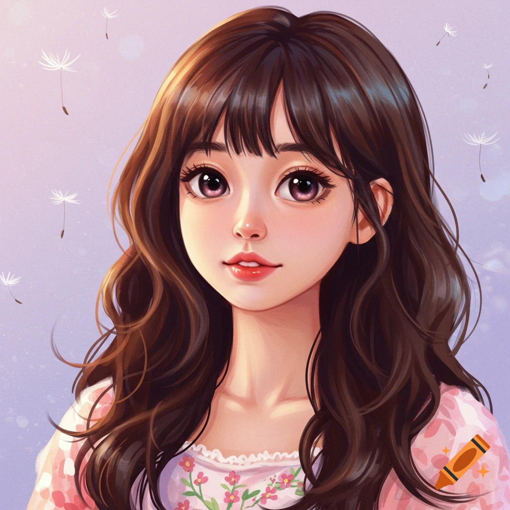 Portrait of a young woman with long brown hair in an anime style.