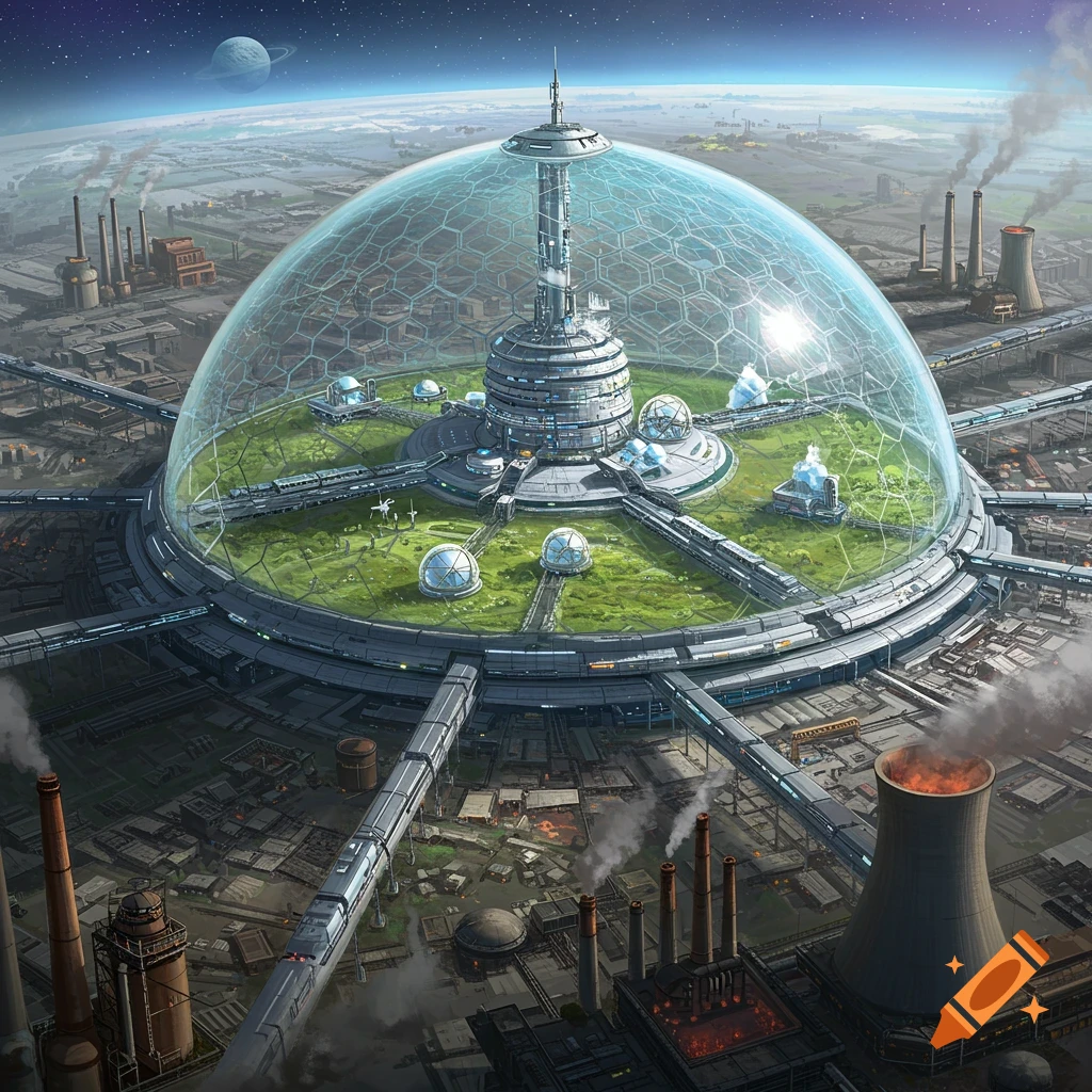 A futuristic biodome city surrounded by industrial pollution on an exoplanet.