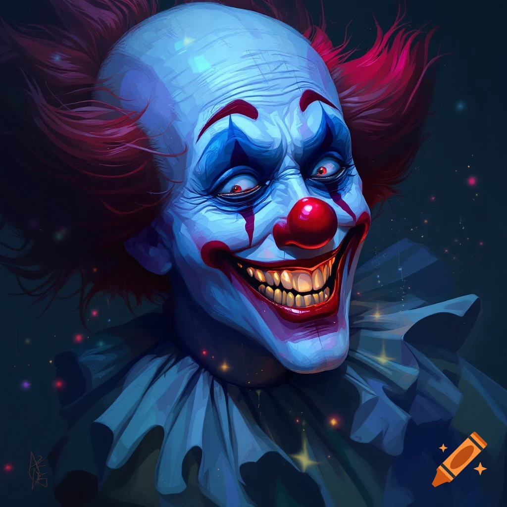 Close-up of a creepy clown face with bright red hair, pale skin, red and blue makeup, and a wide, sharp-toothed grin.