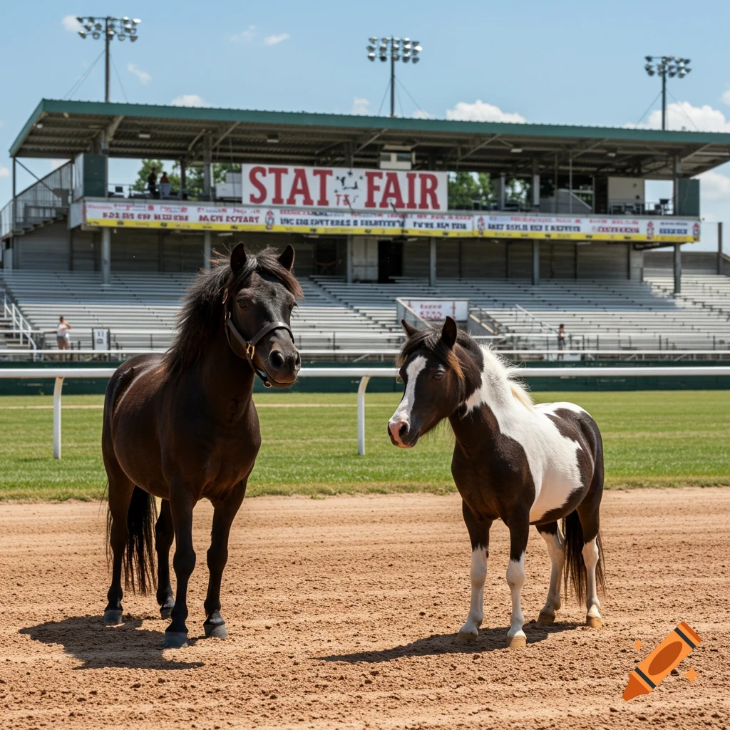 Two miniature horses, one dark brown and one paint, stand on a dirt track in front of a grandstand with a 'State Fair' banner.