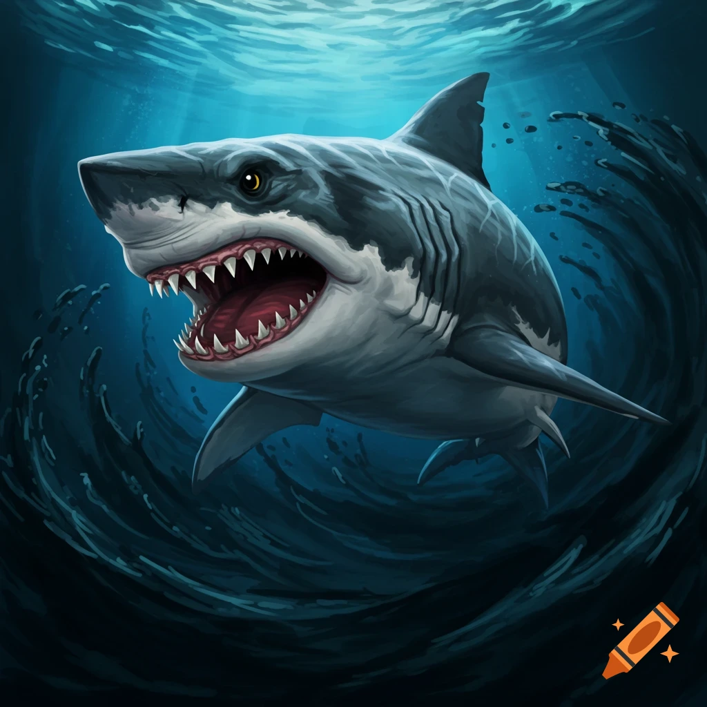 A fierce-looking shark swims underwater with its mouth open.