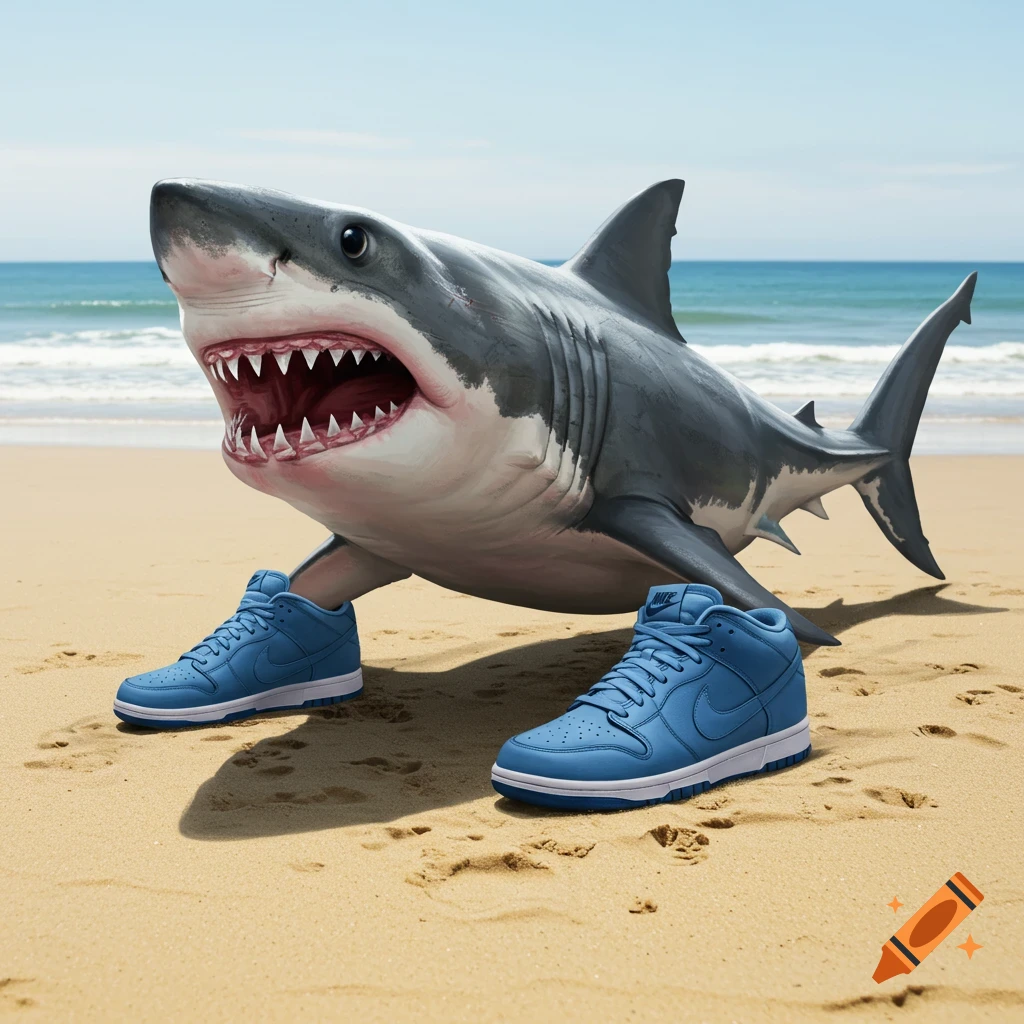 A large shark wearing blue Nike shoes walks on a sandy beach.