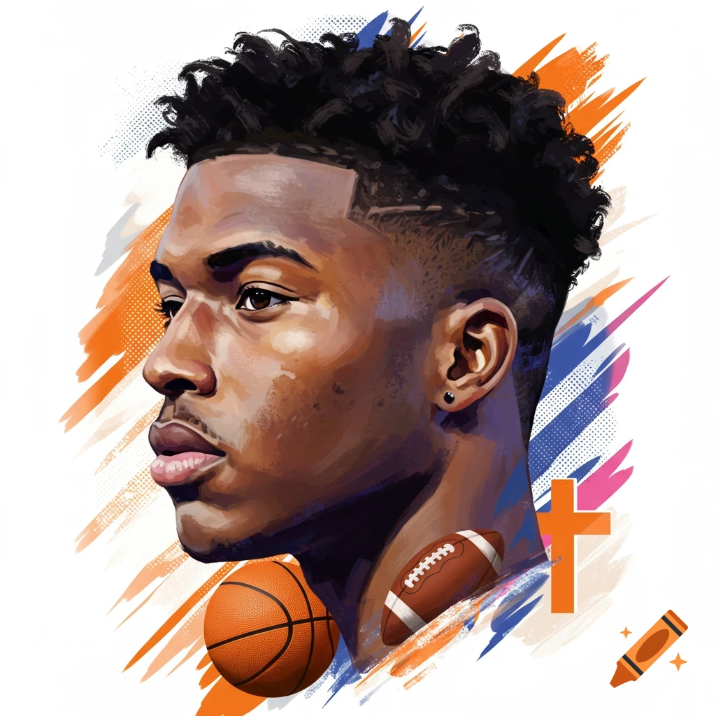 Profile of a man with basketball, football, and cross symbols