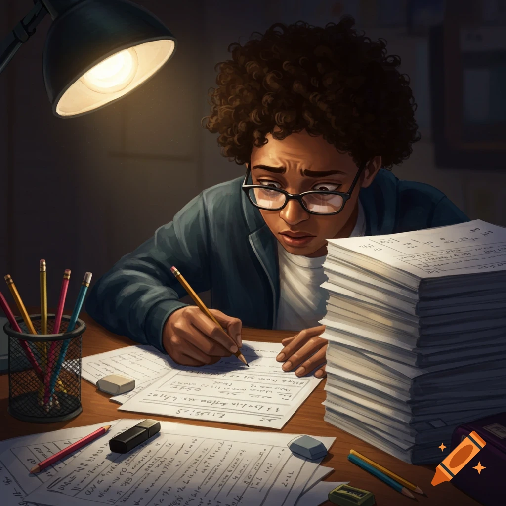 A young person studies intently at a desk piled with papers under the light of a lamp.