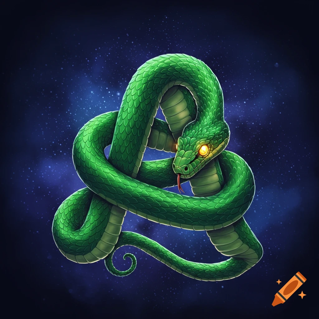 A green snake coiled into the shape of the letter A against a dark, starry background.