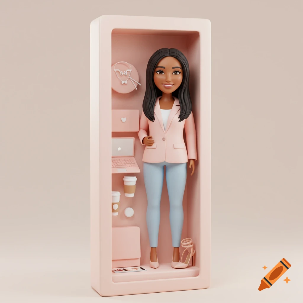 3d-render-of-a-fashion-doll-in-a-light-pink-display-box-with-a-laptop