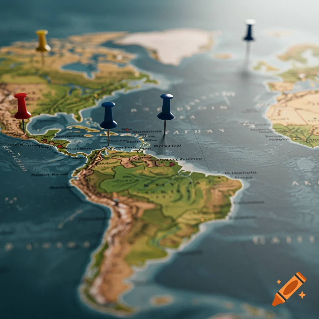 A close-up view of a world map with several colorful push pins marking locations.