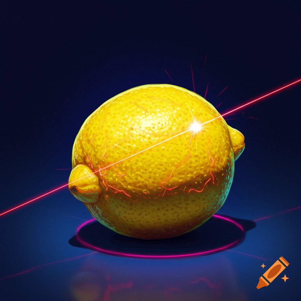 A lemon with red laser beams intersecting it, casting a purple glow on the surface.