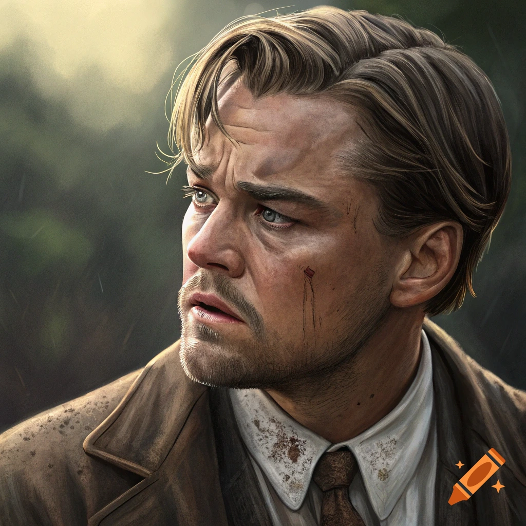 A close-up portrait of a distressed man with dirt on his collar and a small cut on his face.