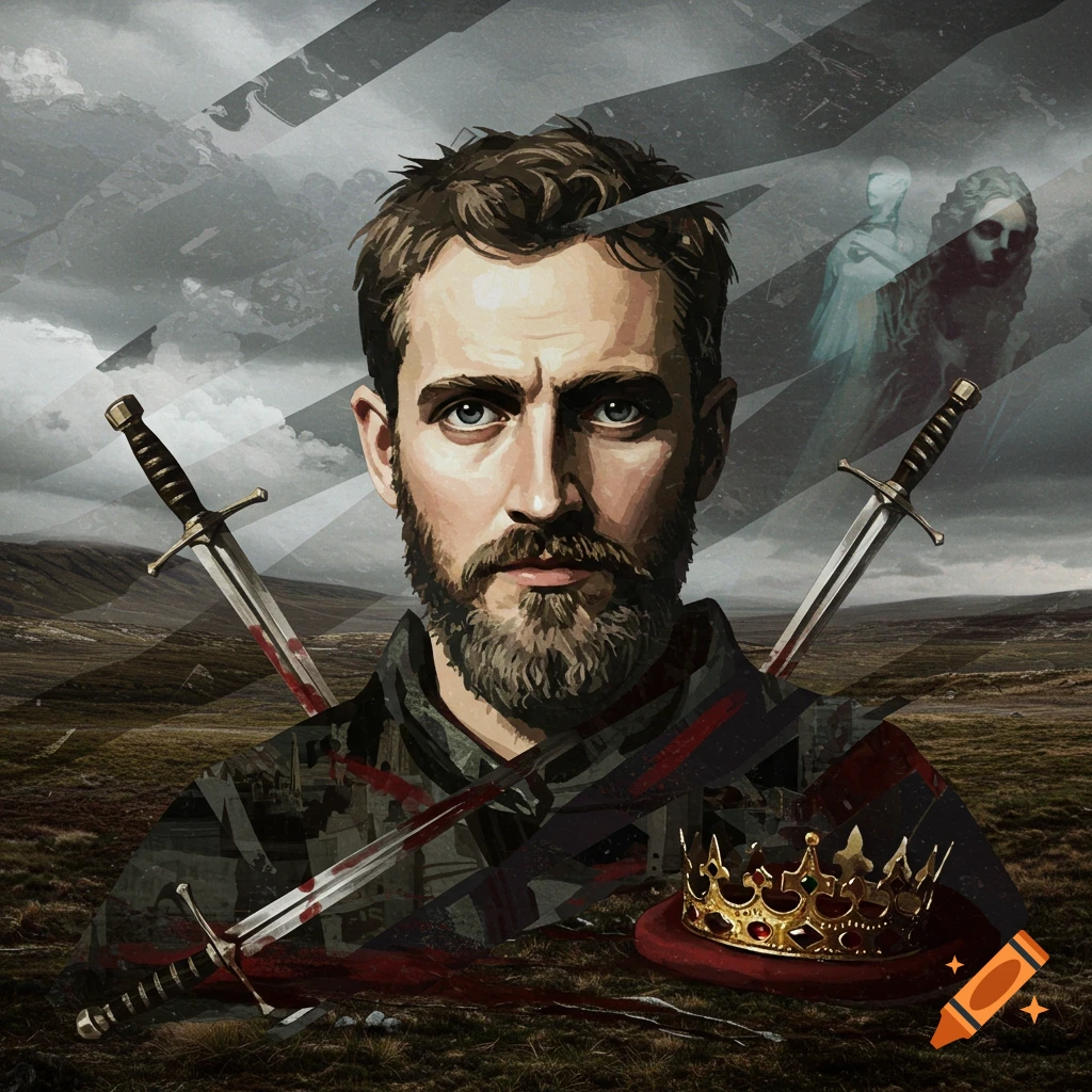 A man with a beard stands surrounded by swords, a crown, and ghostly figures in a stylized landscape.