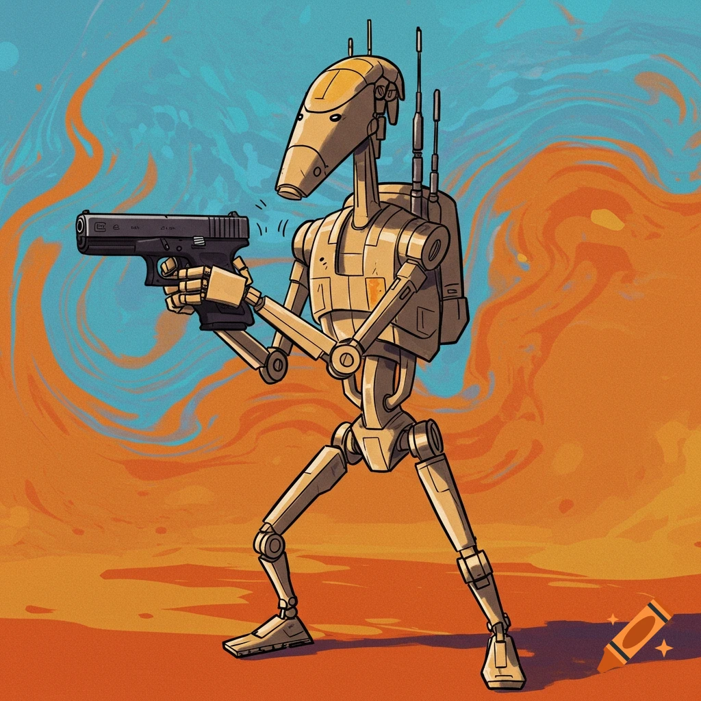 Illustrated Star Wars B1 Battle Droid holding a handgun in a stylized orange and blue landscape.