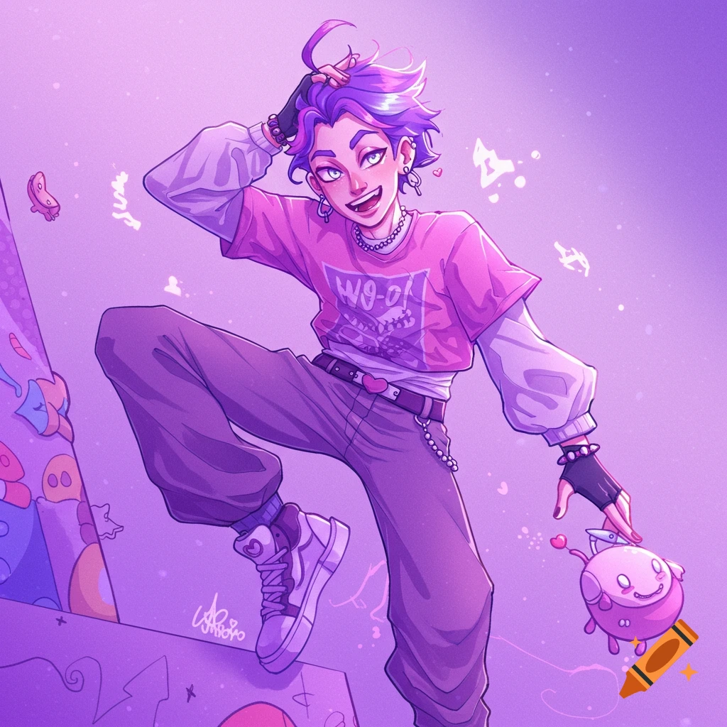 Stylized anime-style character with purple hair in a pink shirt holding a pink creature
