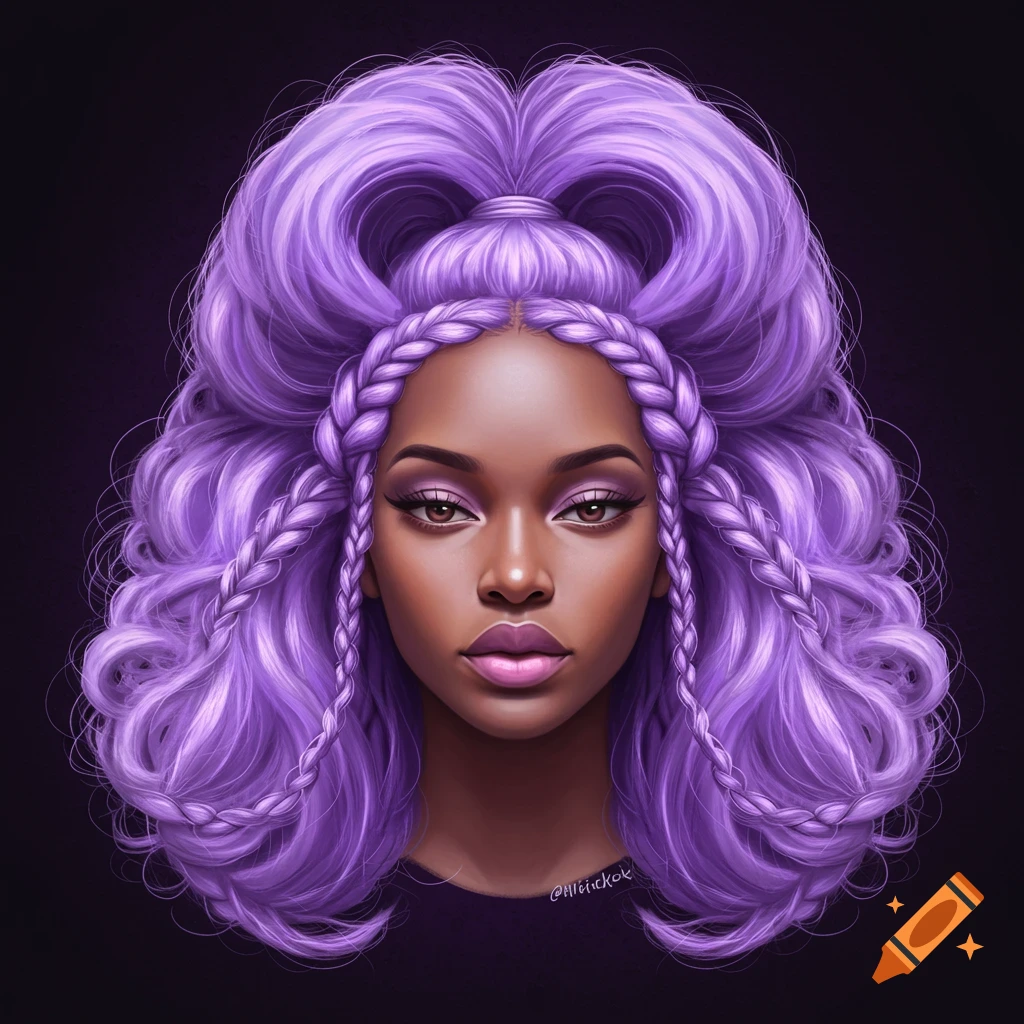A person with dark skin and voluminous purple hair styled in curls and braids.