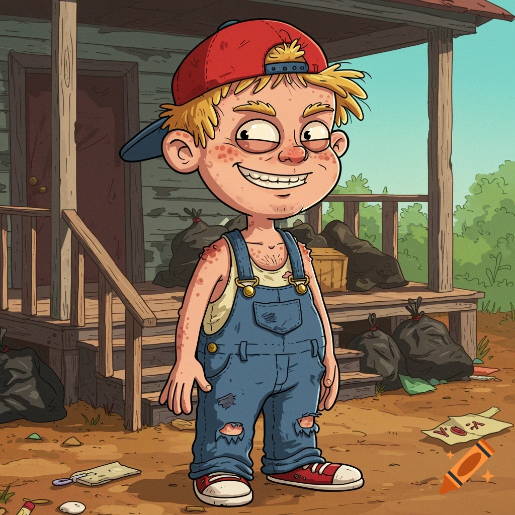 Cartoon drawing of a mischievous-looking boy in overalls and a red baseball cap standing on a rustic porch with trash bags.