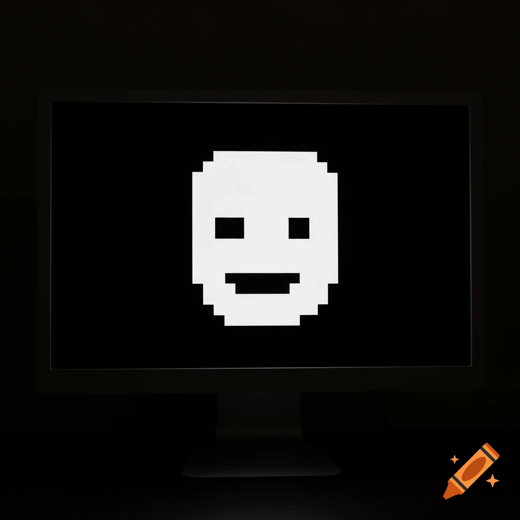 A computer monitor displaying a simple white pixelated smiley face on a black screen.