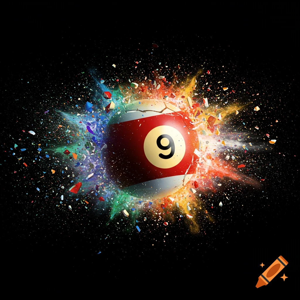 A red 9-ball exploding into colorful debris and powder on a black background.