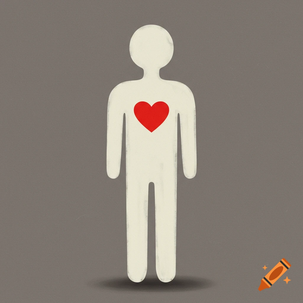 A white human pictogram with a red heart on its chest on a grey background.