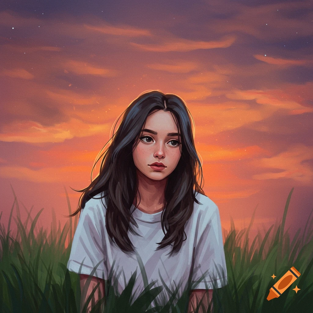A young woman is sitting in tall grass at sunset.