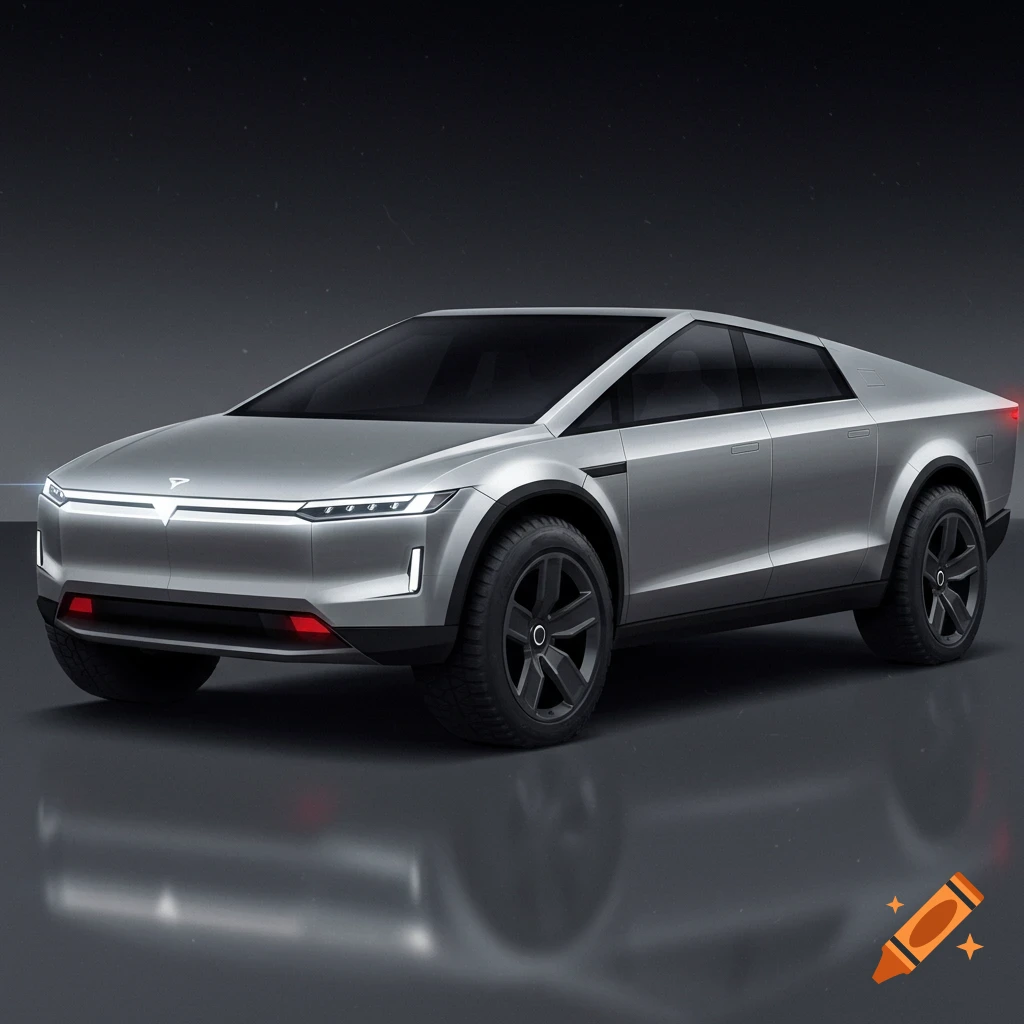 A silver futuristic concept car is parked in front of a dark background.