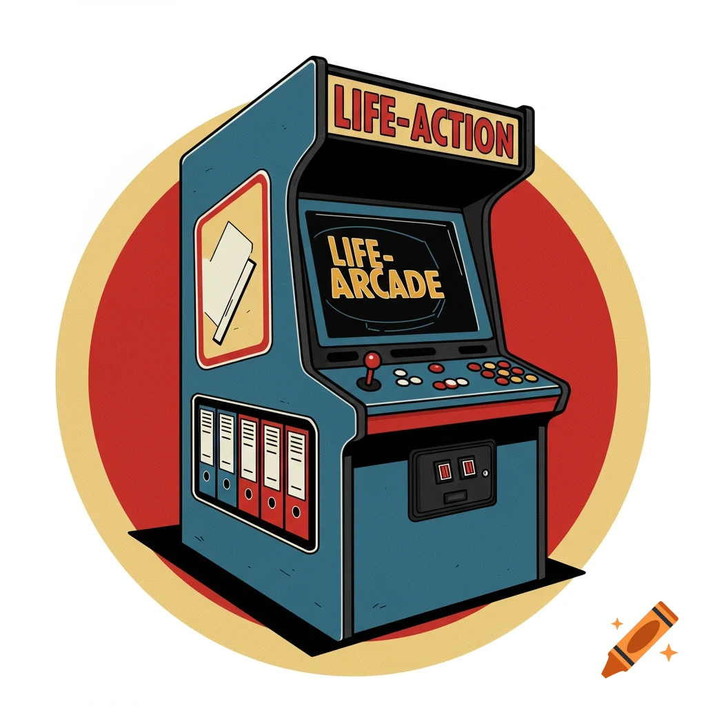 Retro style logo of an arcade machine with file folders in a circle.