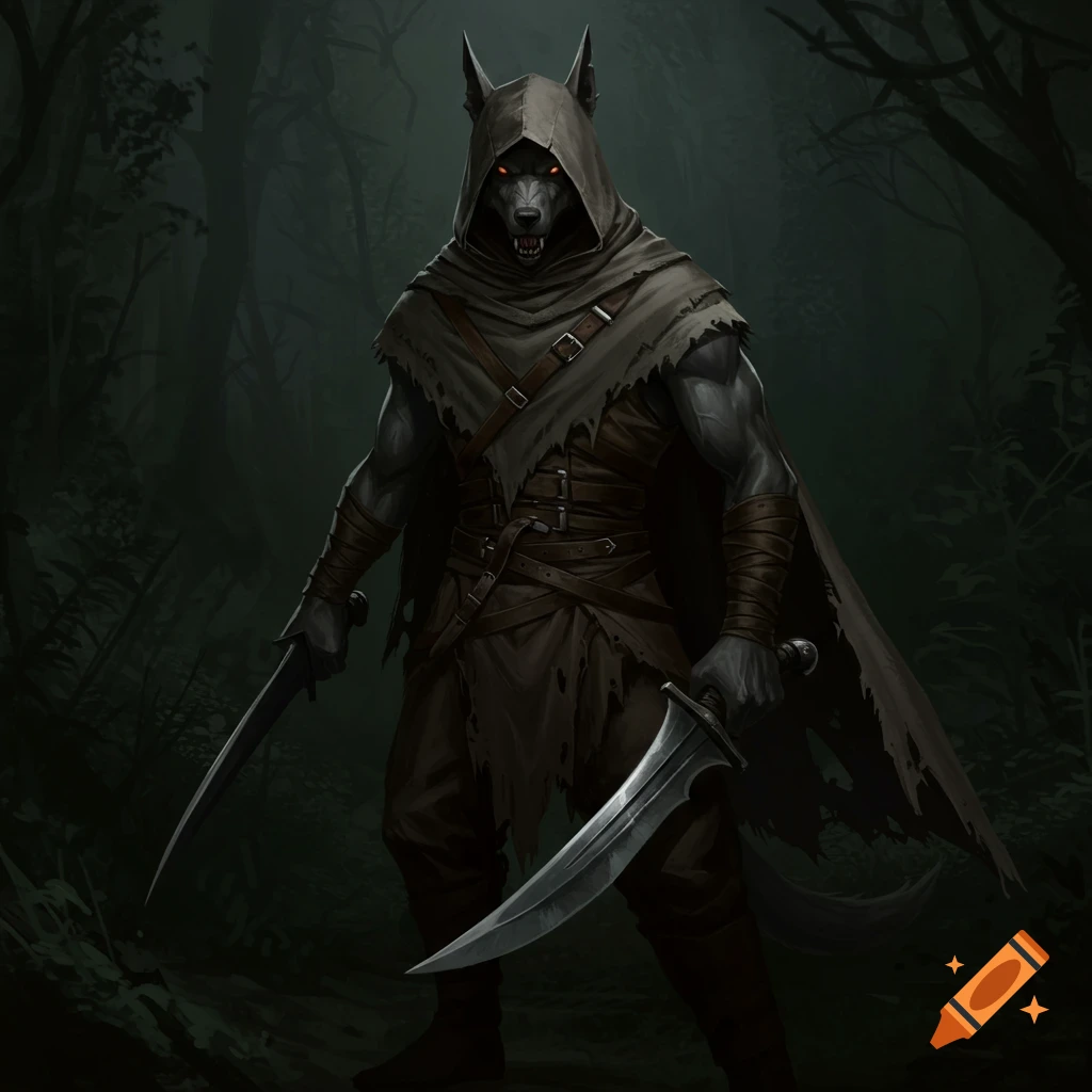 Dark fantasy character with a canine head wearing a cloak, holding swords in a forest