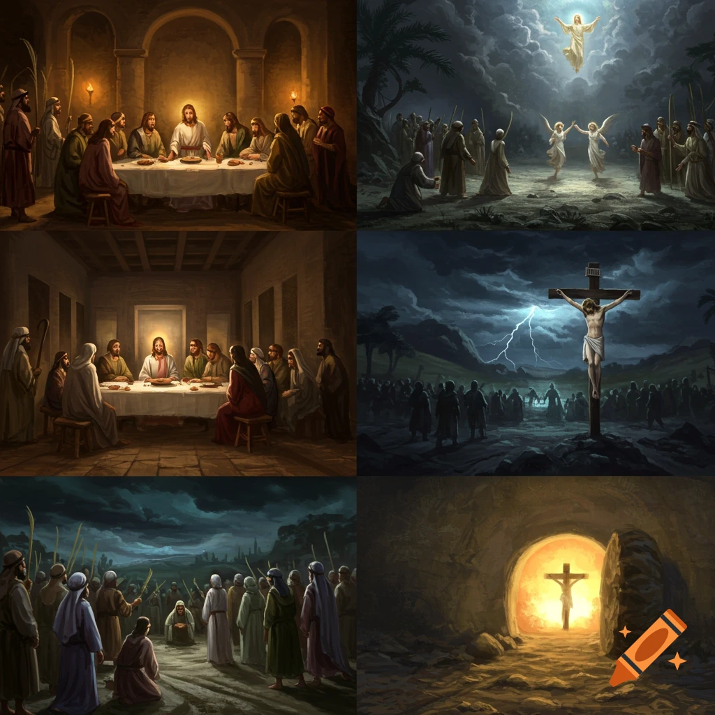 A depiction of scenes of Christian Holy Week: the Last Supper, Ascension, Crucifixion, and the empty tomb.