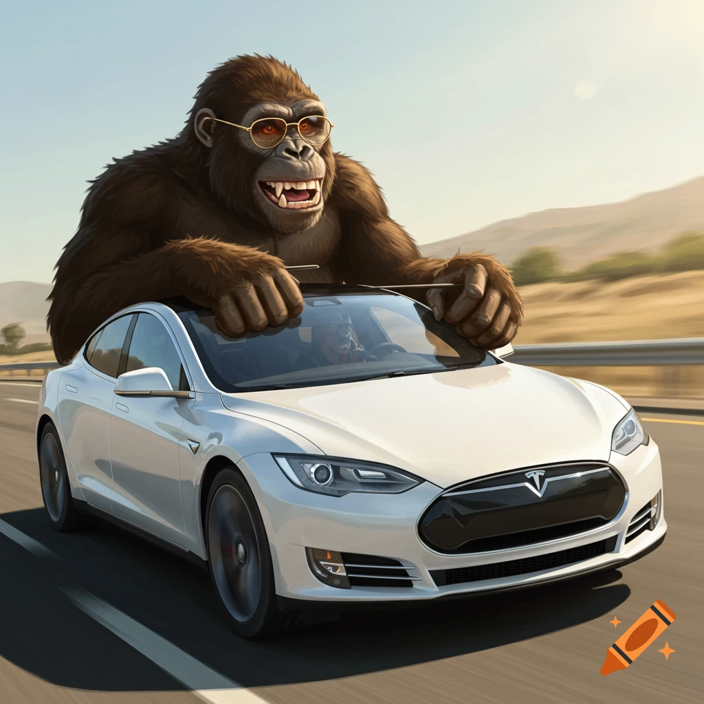 A large gorilla in sunglasses is on top of a white Tesla driving on a highway.