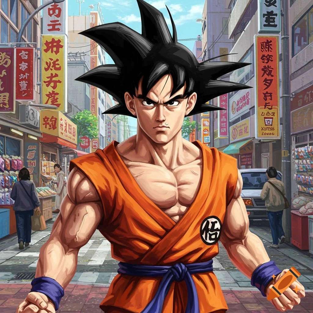 Goku stands in a bustling urban street.